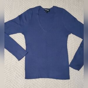Express Blue Ribbed V-Neck Top